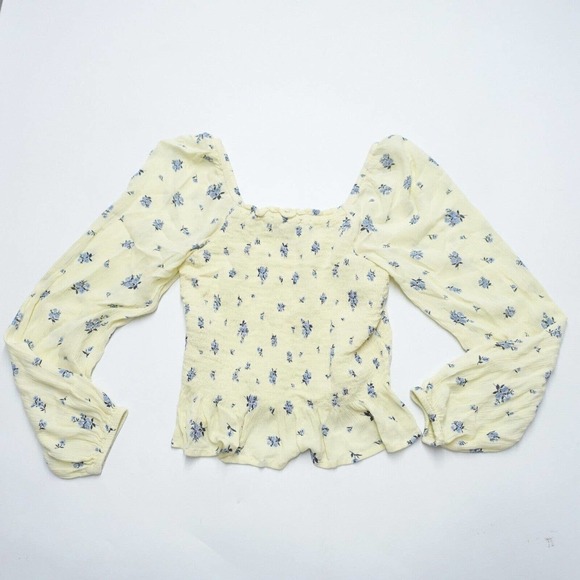 AriZona Peasant Blouse Womens Small Yellow Floral Crop Smocked Balloon Sleeve - Picture 1 of 5